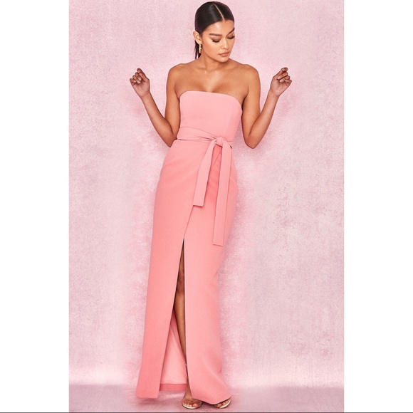 Pink Crepe Bandeau Maxi Gown with Split - Picture 2 of 8